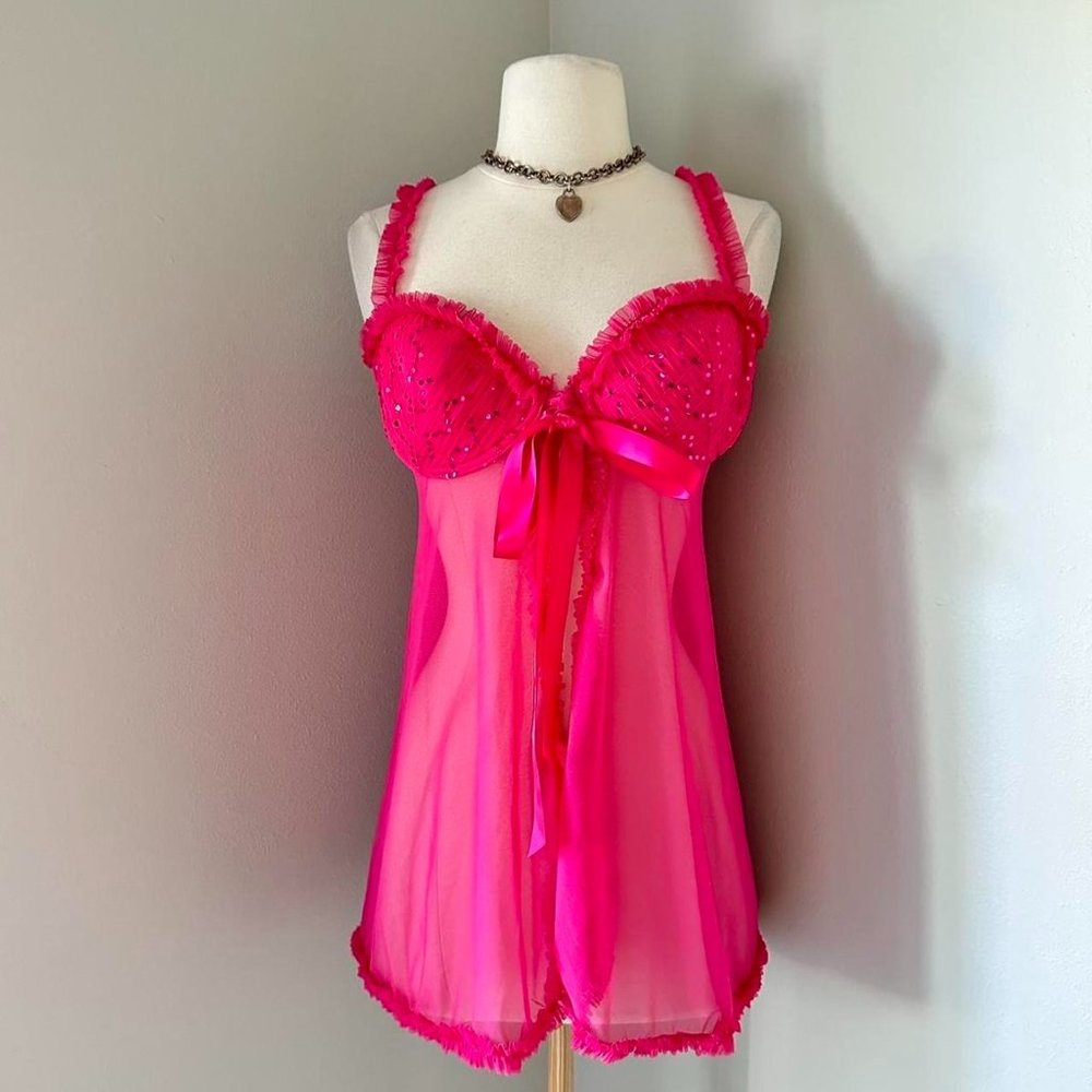 Vintage y2k Victoria’s Secret Sexy Little Things Hot Pink Lace Chemise - Picture 4 of 8